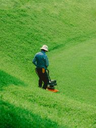 Person mowing a grassy hillside with a small power mower, wearing a hat and checkered shirt.