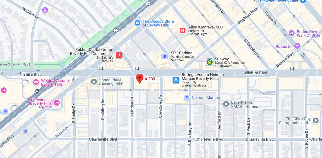 A map of a Beverly Hills streets, showing the location of Dr. Sean Plastic Surgery office