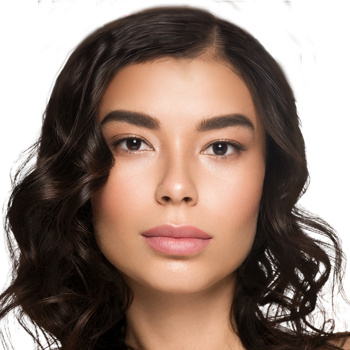 A close up of a woman 's face with curly hair