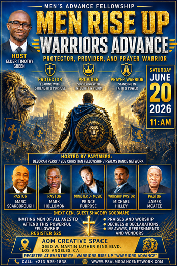Men Rise Up Warriors Advance conference poster with speakers, gold-blue city skyline, June 20, 2026 at 11 AM