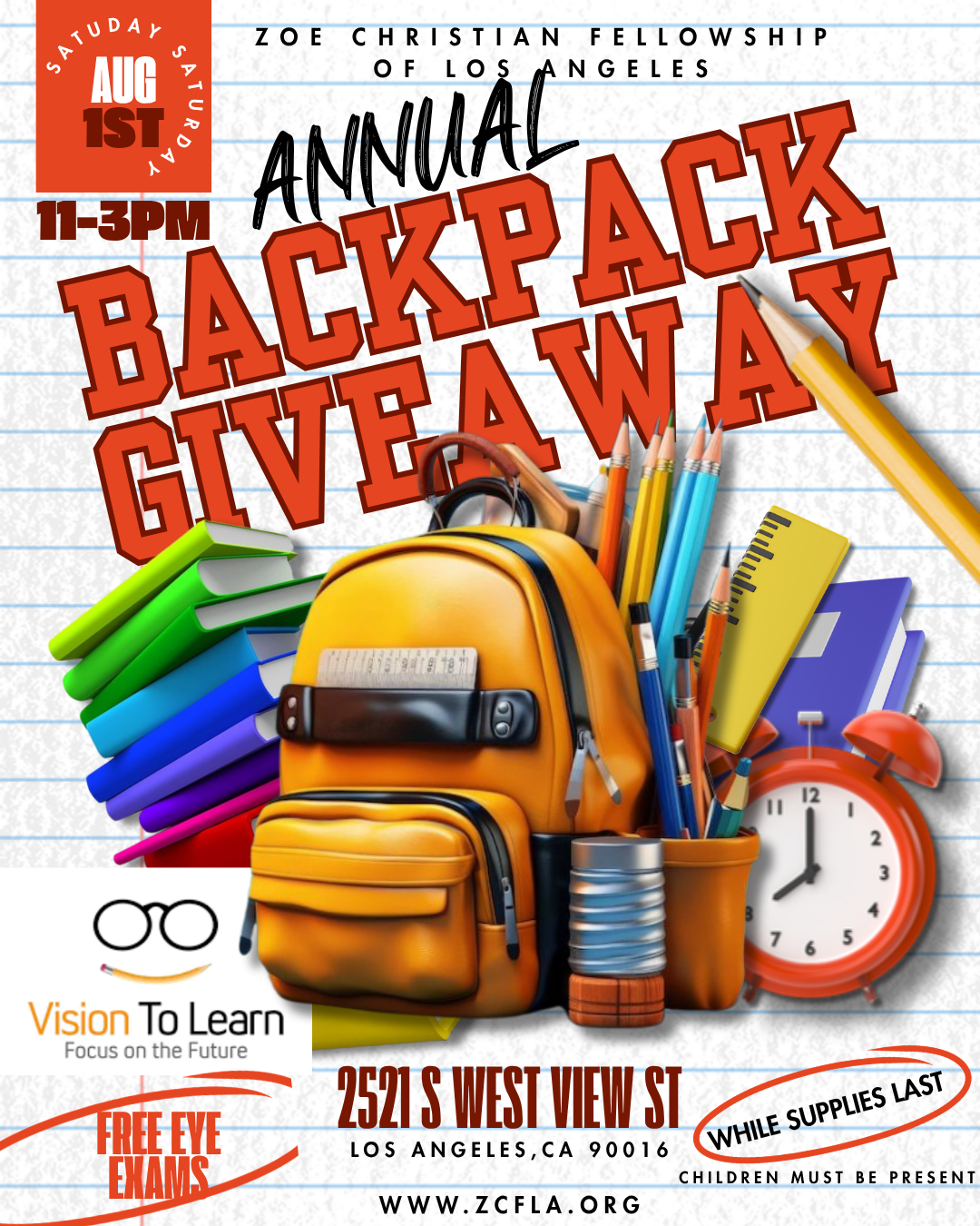 Backpack giveaway poster with colorful school supplies and a yellow backpack on a checkered background.