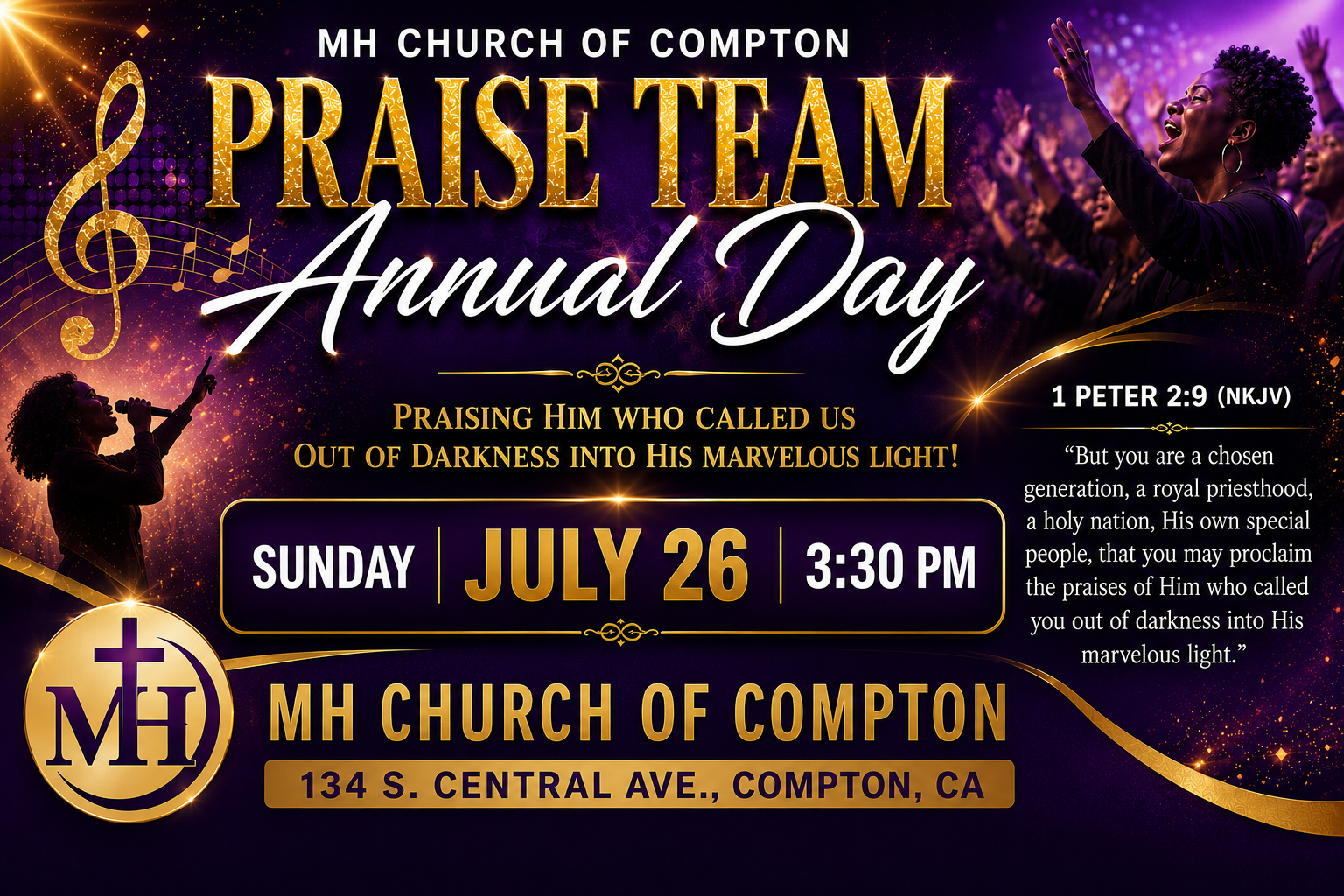 MH Church of Compton Praise Team Annual Day flyer in purple and gold with July 26, 3:30 PM service details