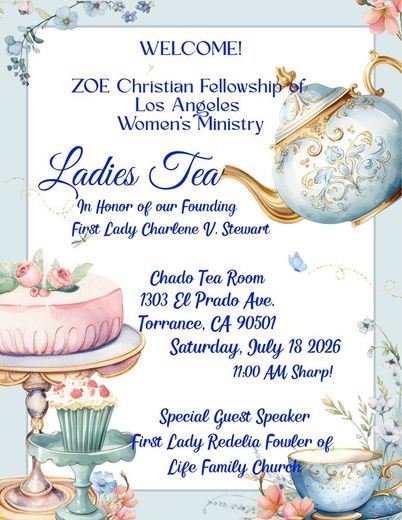 Ladies Tea invitation with floral teapot, cupcakes, and event details on a pastel background