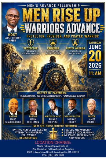 Men Rise Up Warriors Advance conference poster with speakers, gold-blue city skyline, June 20, 2026 at 11 AM