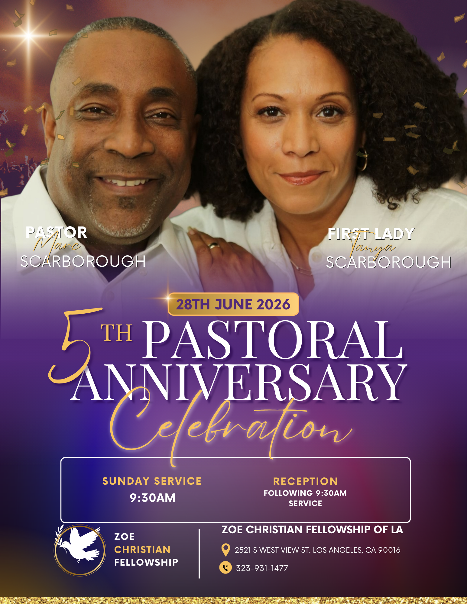5th Pastoral Anniversary Celebration poster with Pastor and First Lady on a purple background, for June 28, 2026.