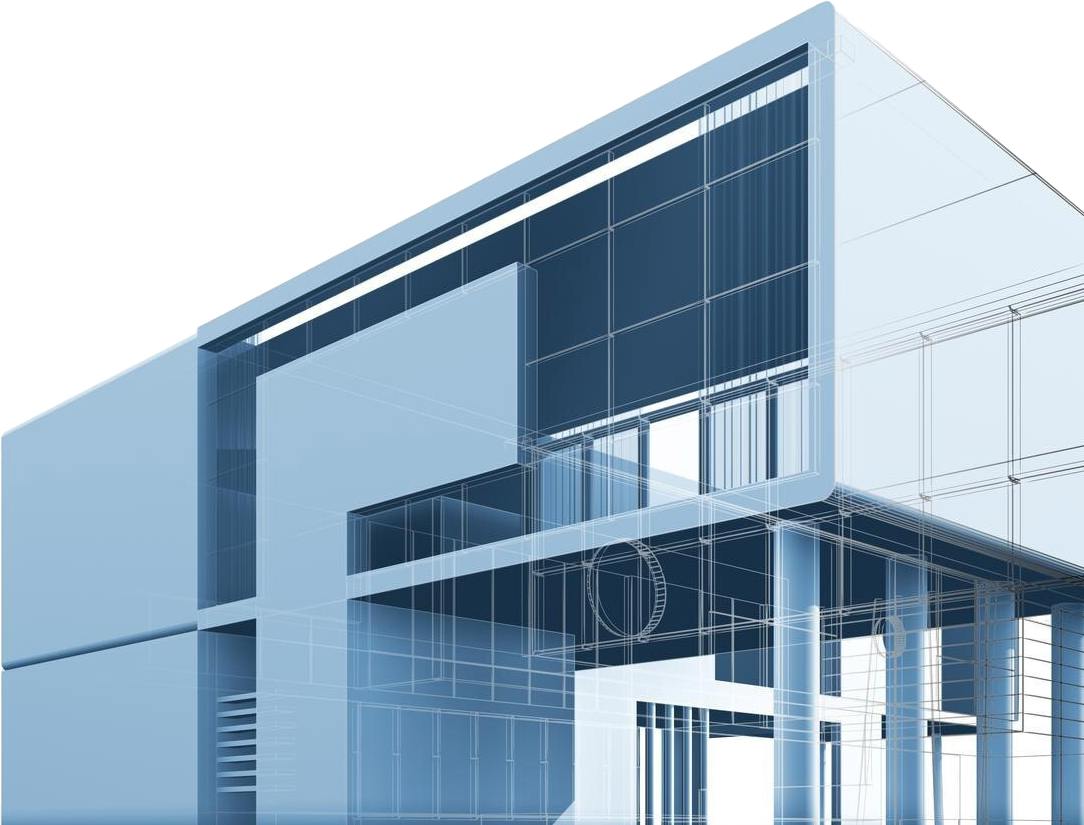 Modern, minimalist blue building with glass windows and a geometric design.