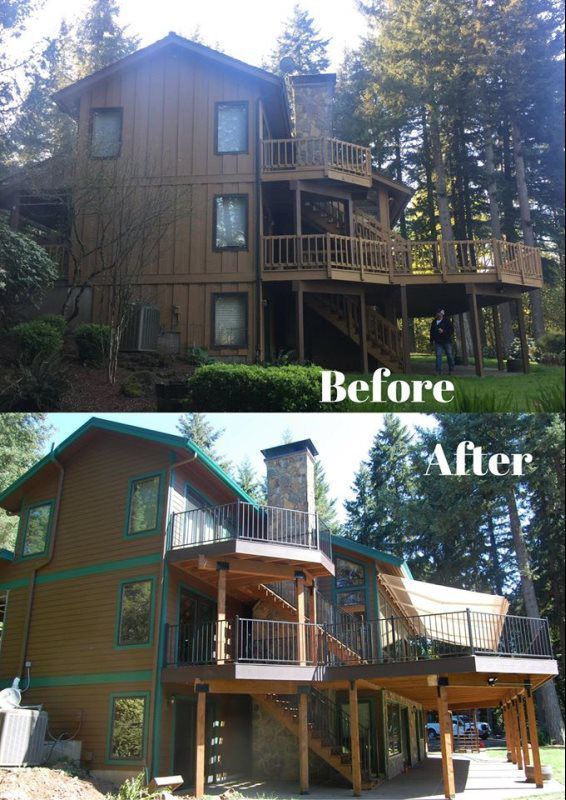 A before and after picture of a house with a deck