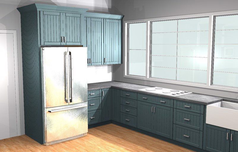 A kitchen with blue cabinets , a refrigerator , a sink , and a window.