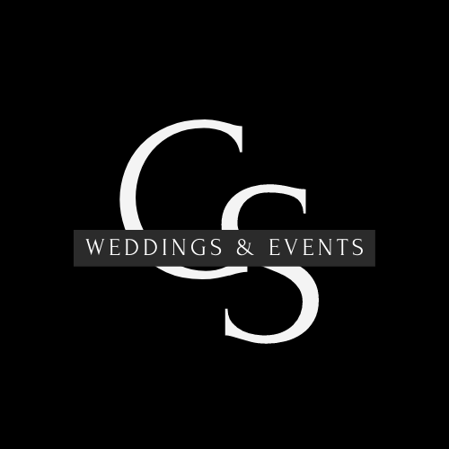 The logo for weddings and events is a white letter s on a black background.