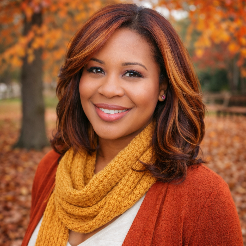 A woman in a blue shirt and black sweater is smiling for the camera.
