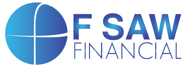 The logo for f saw financial is blue and white