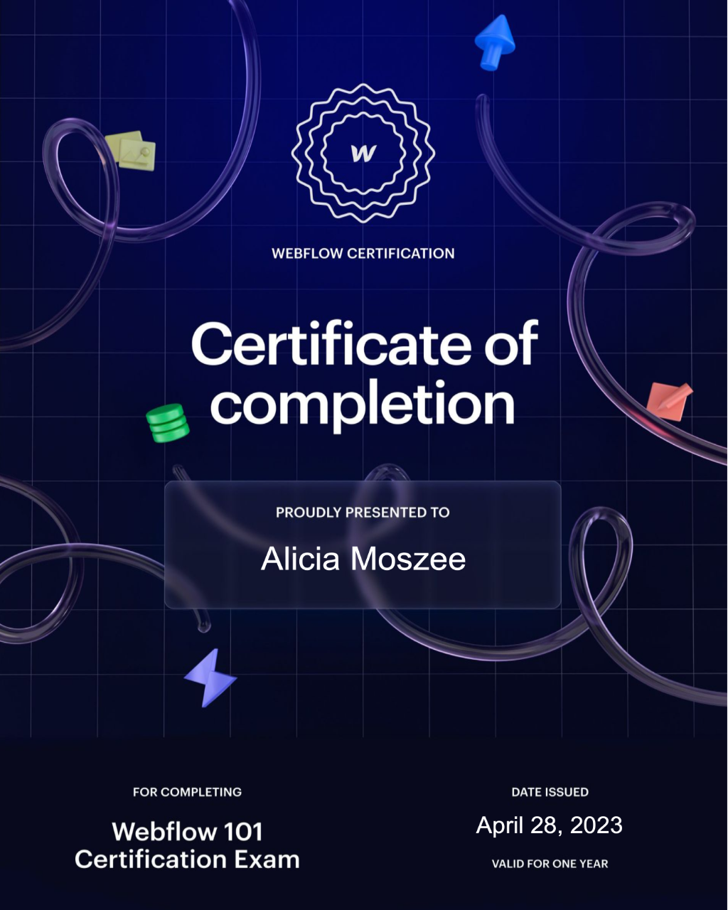A certificate of completion for a webflow 101 certification exam