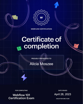 A certificate of completion for a webflow 101 certification exam