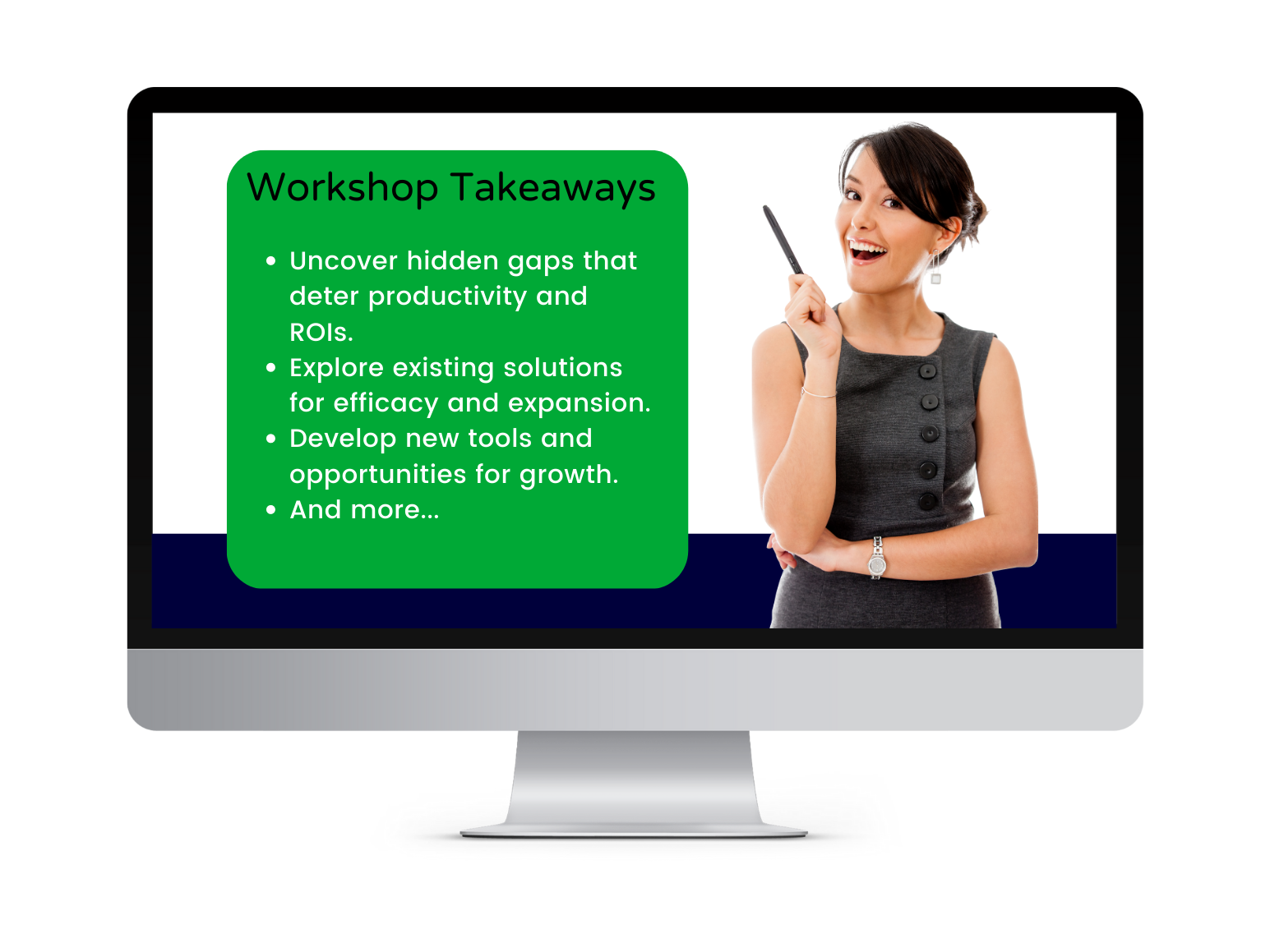 a computer screen displays a presentation about workshop takeaways