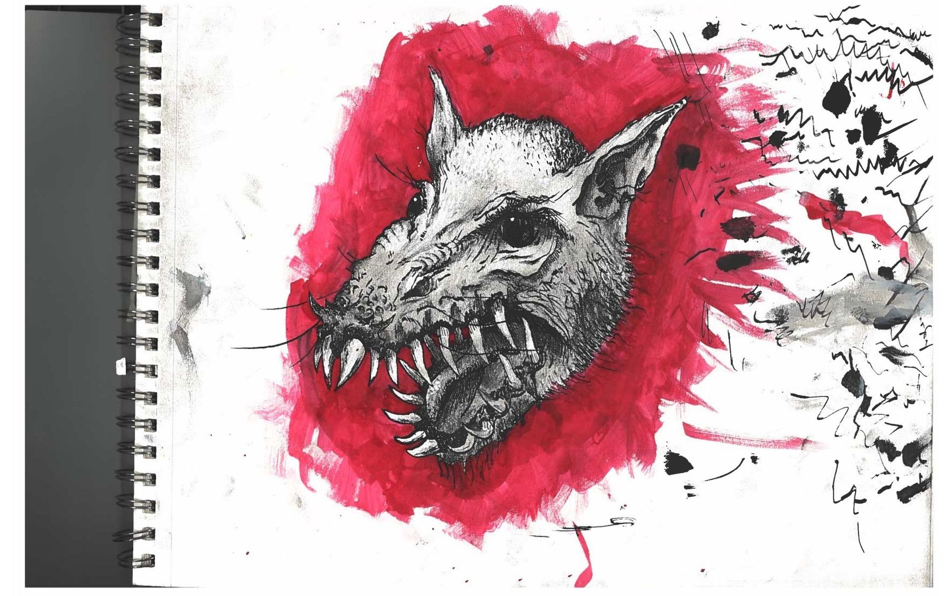 A sketch of a bloody rat, highlighting its details and texture, set against a contrasting background.