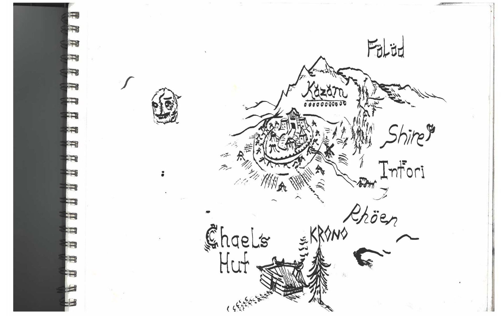 A detailed sketch of a fictional map, featuring intricate lines and markings that showcase various terrains and locations.