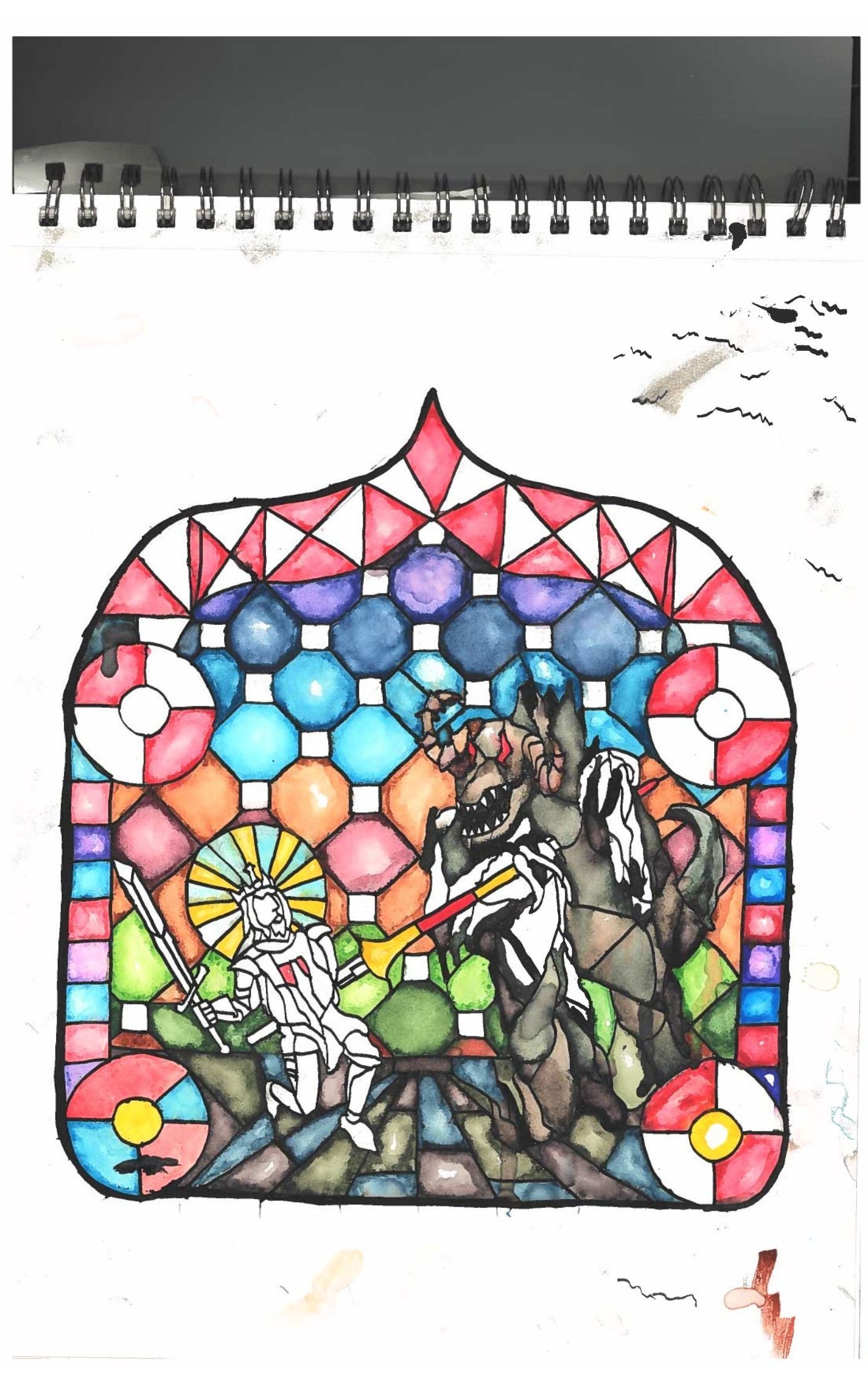 A vibrant stained glass design showcasing intricate patterns and rich colors.