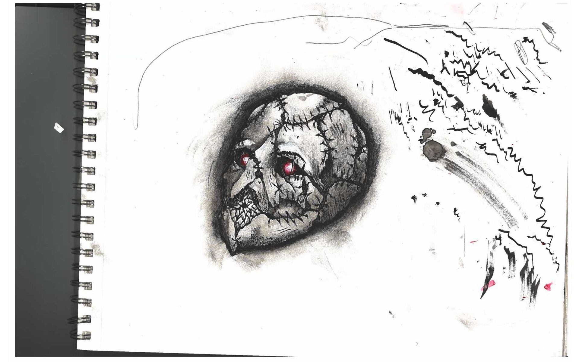 A detailed sketch of a witch with a pointed nose and sewed skulls, showcasing a dark, mystical style.