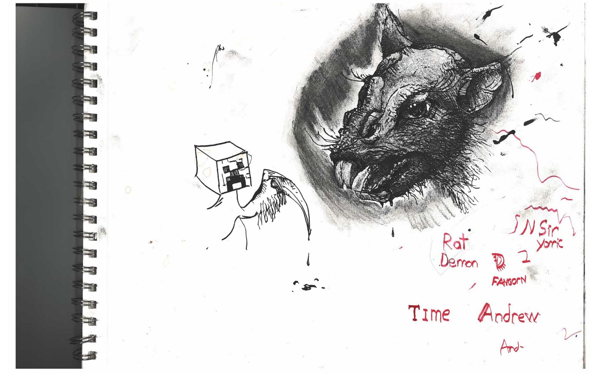 A detailed sketch of a rat demon, featuring menacing features and intricate designs.