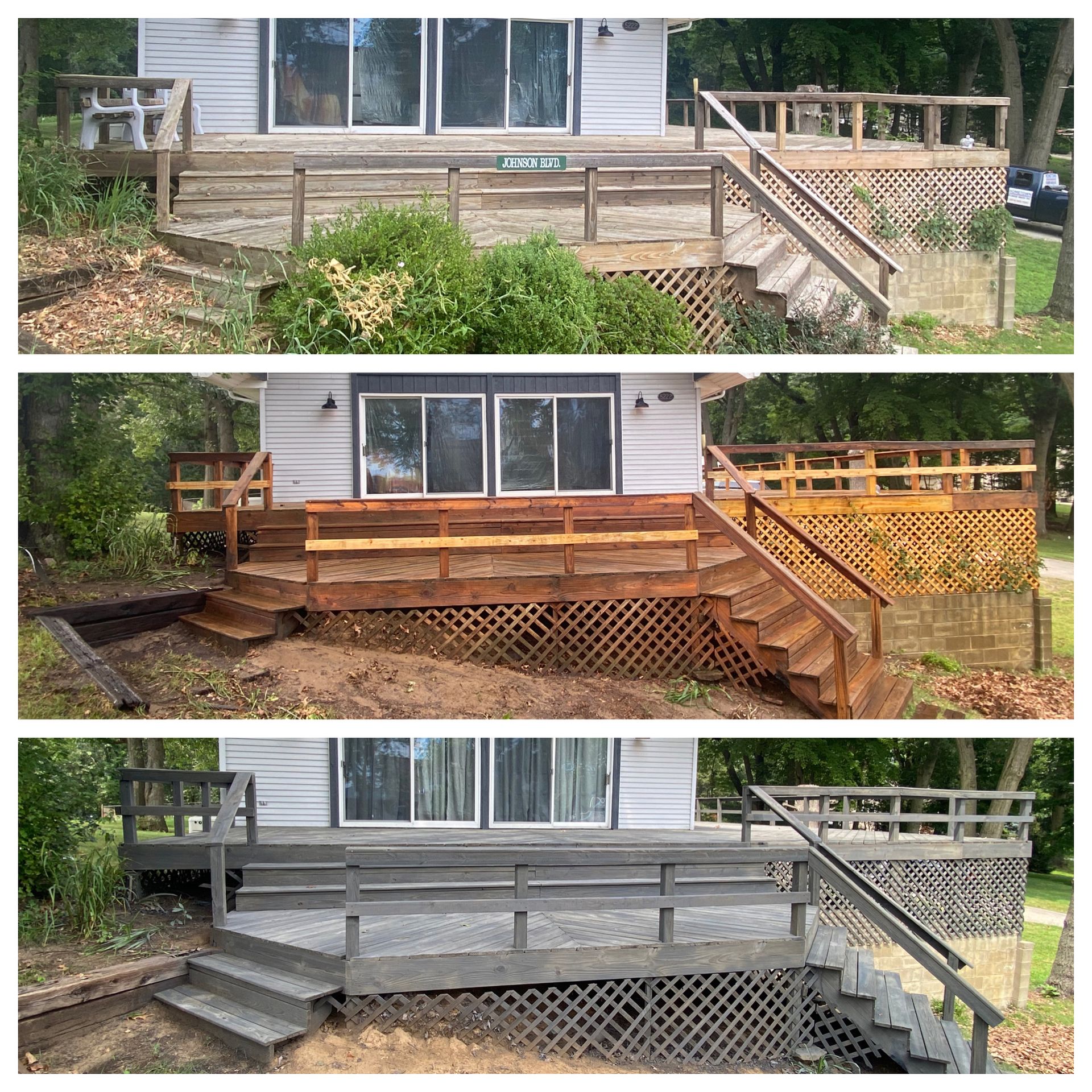 Three-part photo sequence showing a wooden deck being cleaned, stained, and painted gray.
