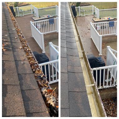 Split-view showing a residential roof gutter filled with dead leaves on the left, and cleaned out on the right.