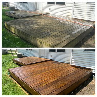 Before and after comparison of a wooden deck, showing a weathered, grey surface restored to a rich, stained brown finish.