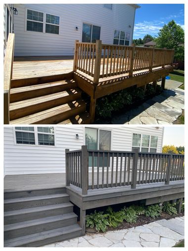A split-view showing a wooden backyard deck before staining (natural tan) and after staining (cool gray).