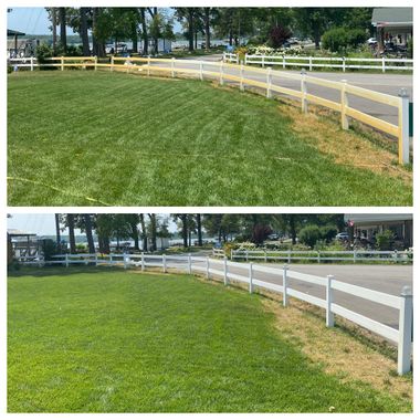 A split-screen comparison showing a wooden fence painted from a natural wood tone to a bright white finish.