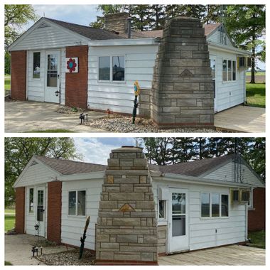 Two angles of a white, single-story house with red brick accents and a prominent central stone chimney.