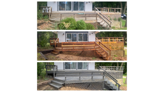 Three photos show a residential deck before renovation, after staining, and after being painted gray.