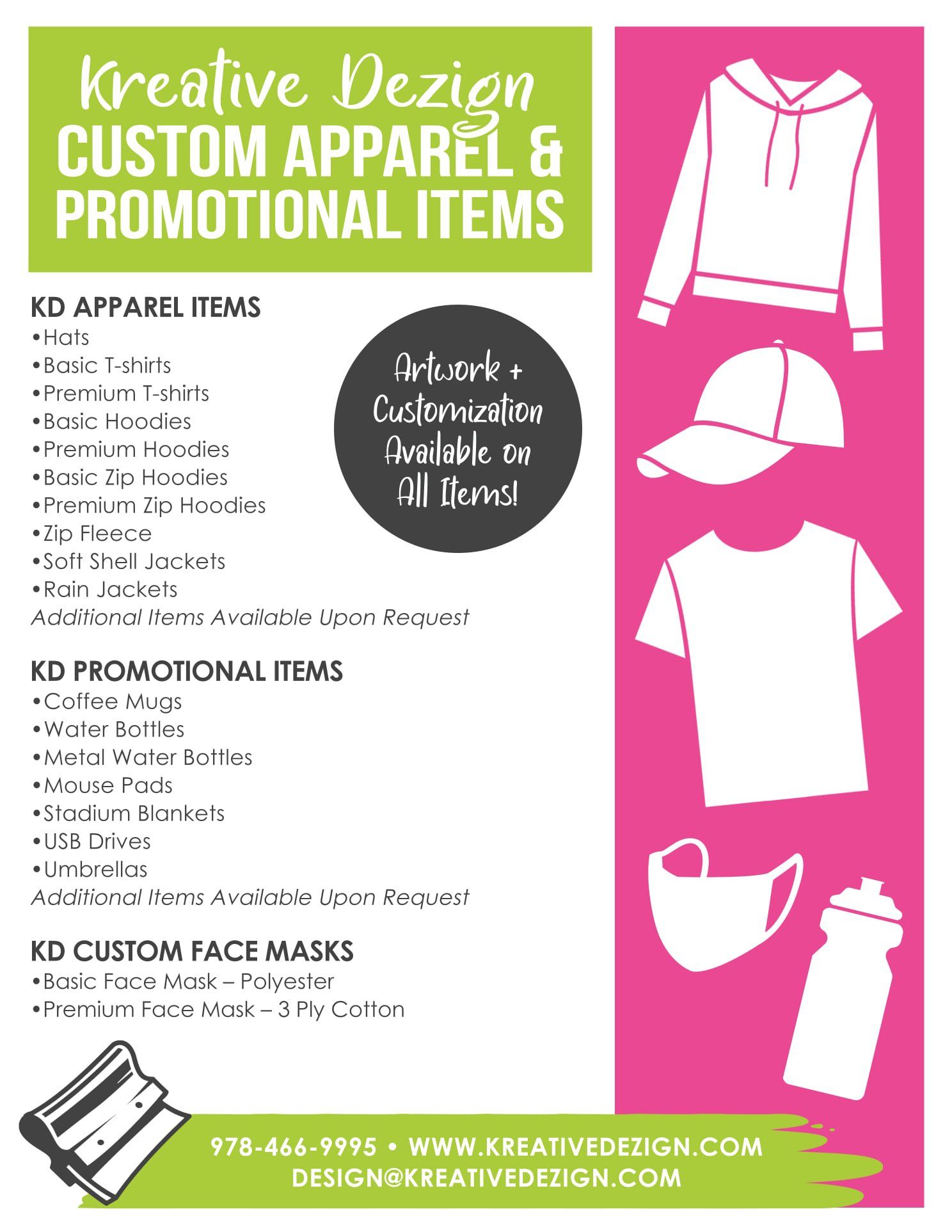 A flyer for creative design custom apparel and promotional items.