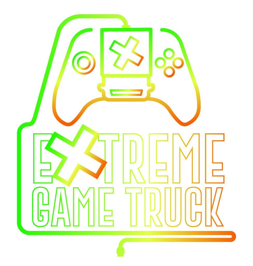 A neon sign that says extreme game truck with a game controller and a cell phone.