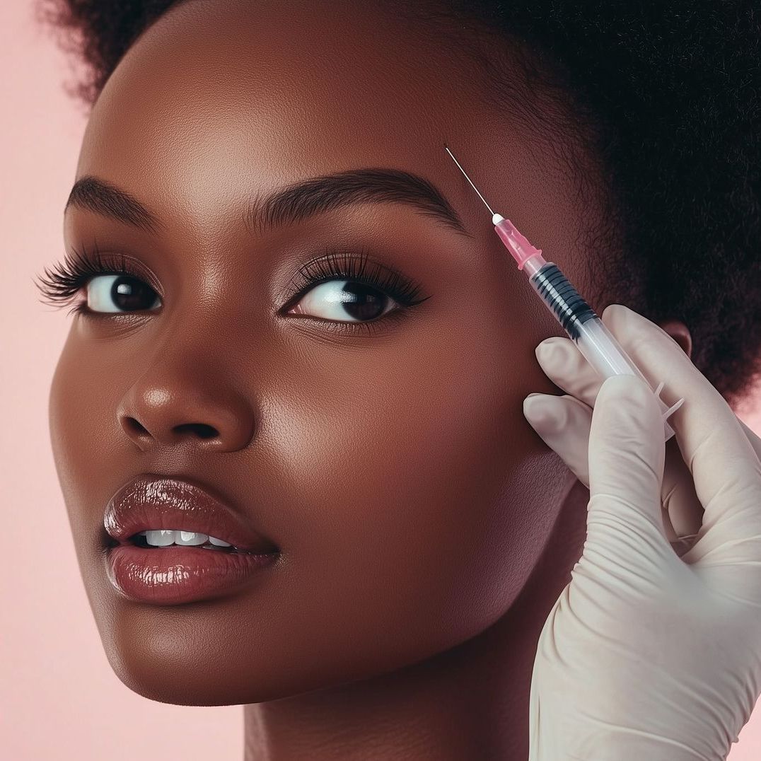 A woman is getting a botox injection in her forehead.