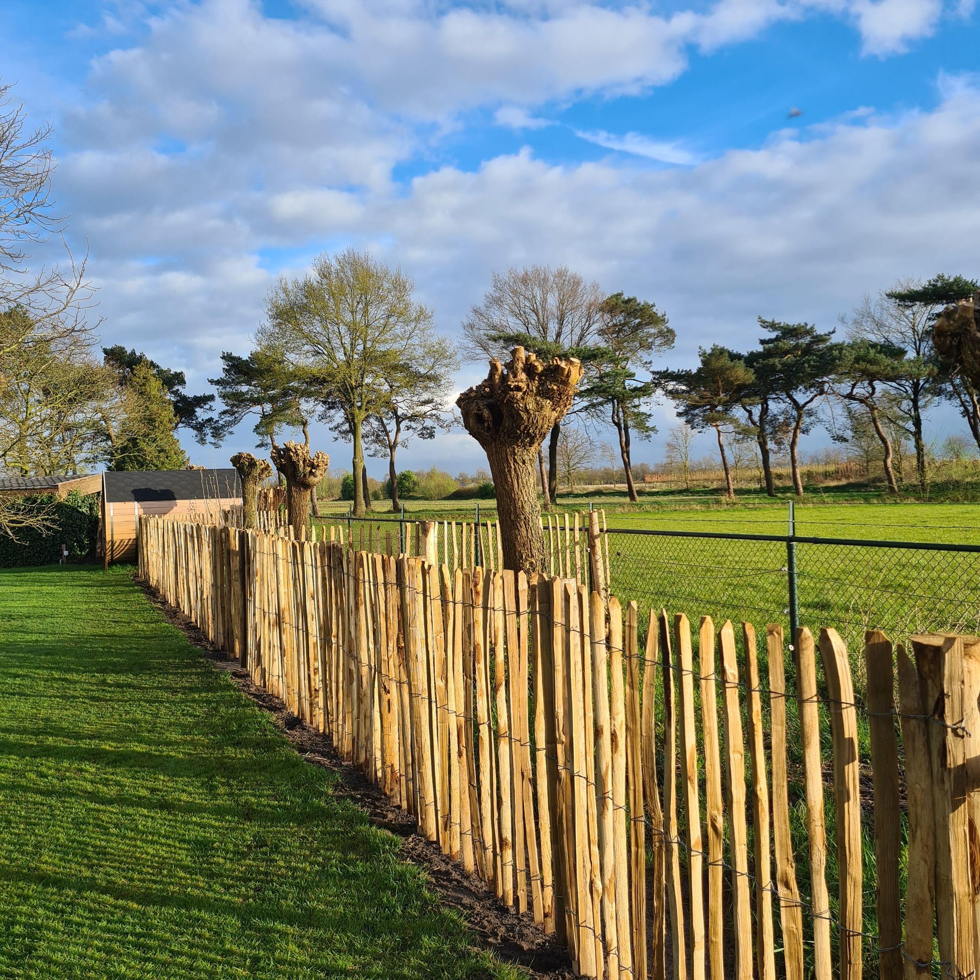 Kastanje hekwerk omringt een grasveld met bomen op de achtergrond.