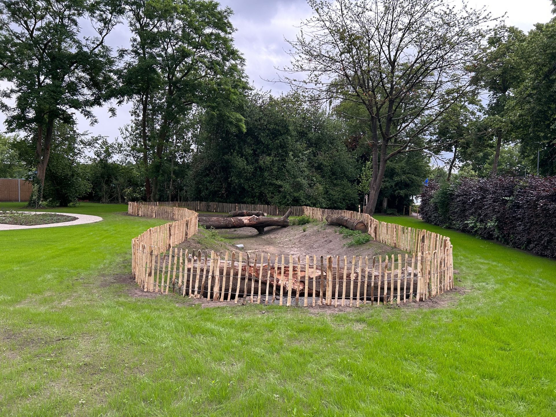 Een houten hek omringt een vijver in een park.