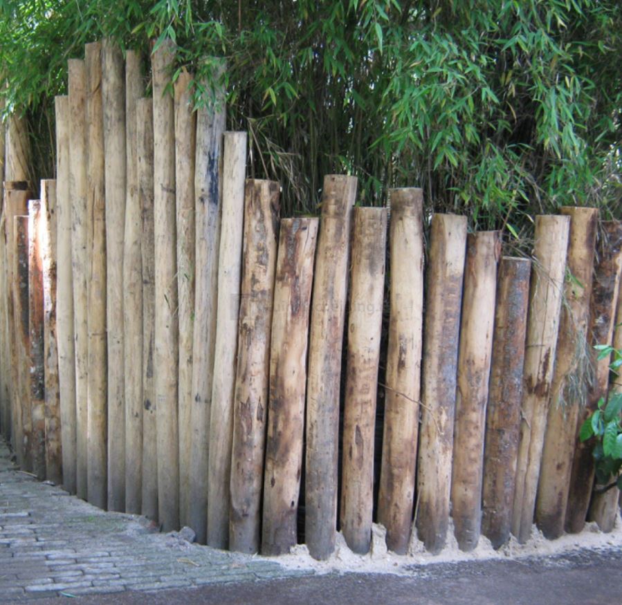 Een hek gemaakt van kastanje houten palen is omgeven door bomen.