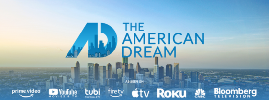 A poster for the american dream with a city skyline in the background.