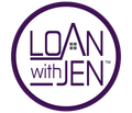 A logo for loan with jen in a purple circle.