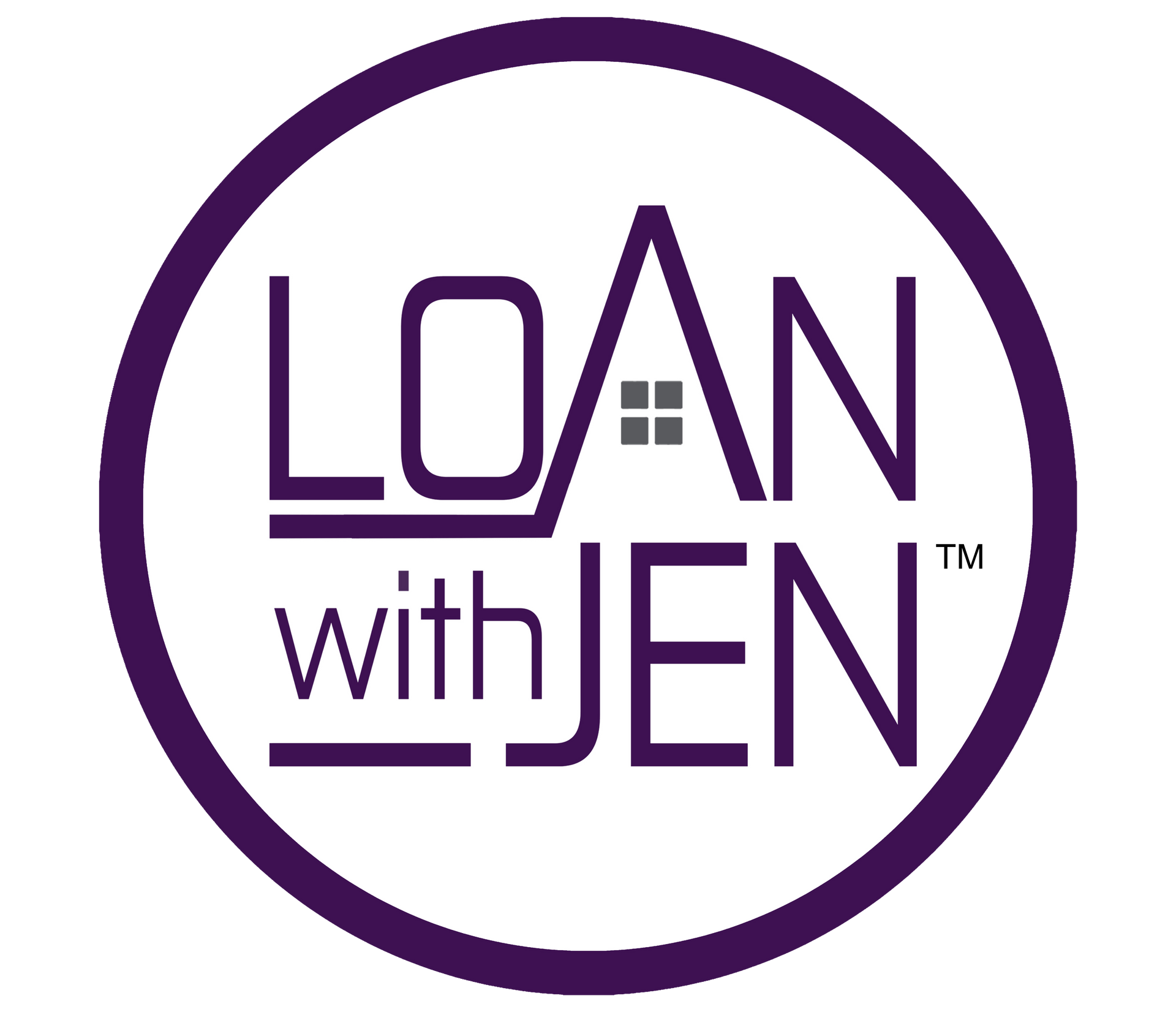 A logo for loan with jen in a purple circle.