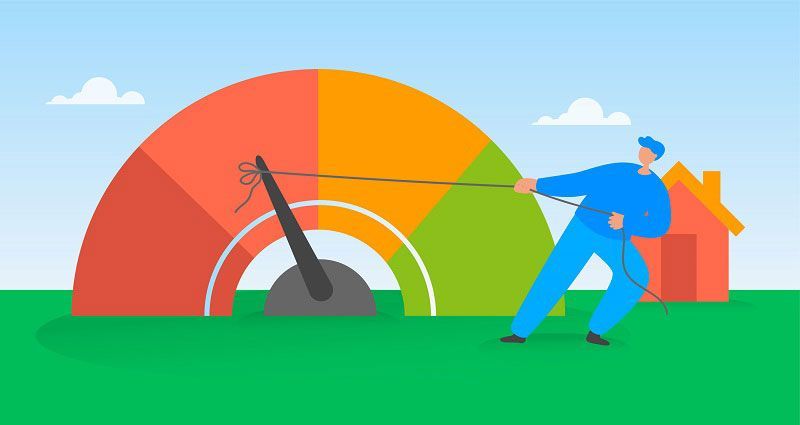 Person pulling a needle on a credit score gauge toward the green zone, symbolizing improving credit