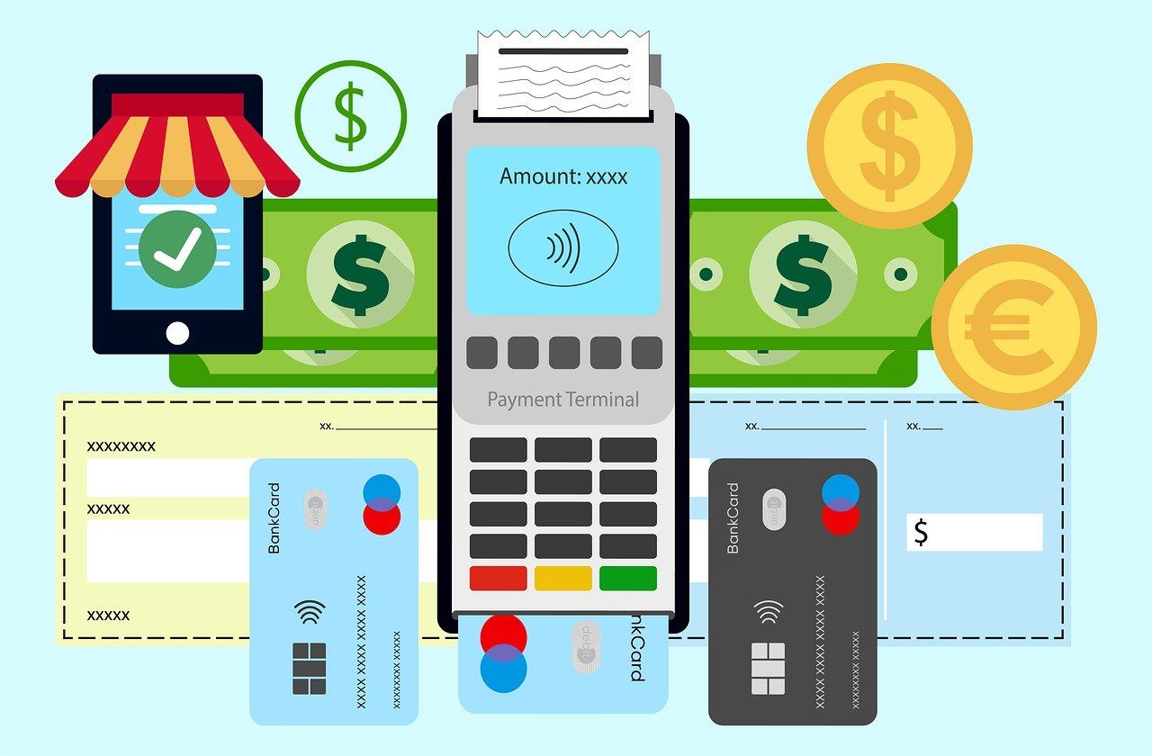 Illustration of a payment terminal with options like mobile payment, cash, credit cards, and checks.