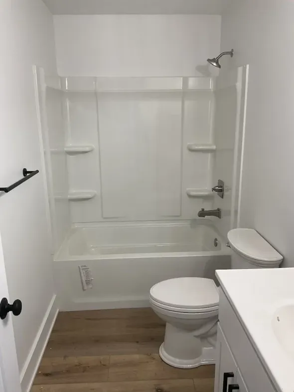 White bathroom with tub, shower, toilet, and vanity; wood-look floor.