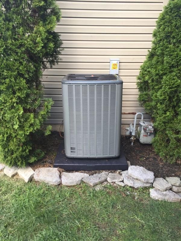 Central air conditioning unit outside a house, flanked by green bushes and surrounded by rocks.