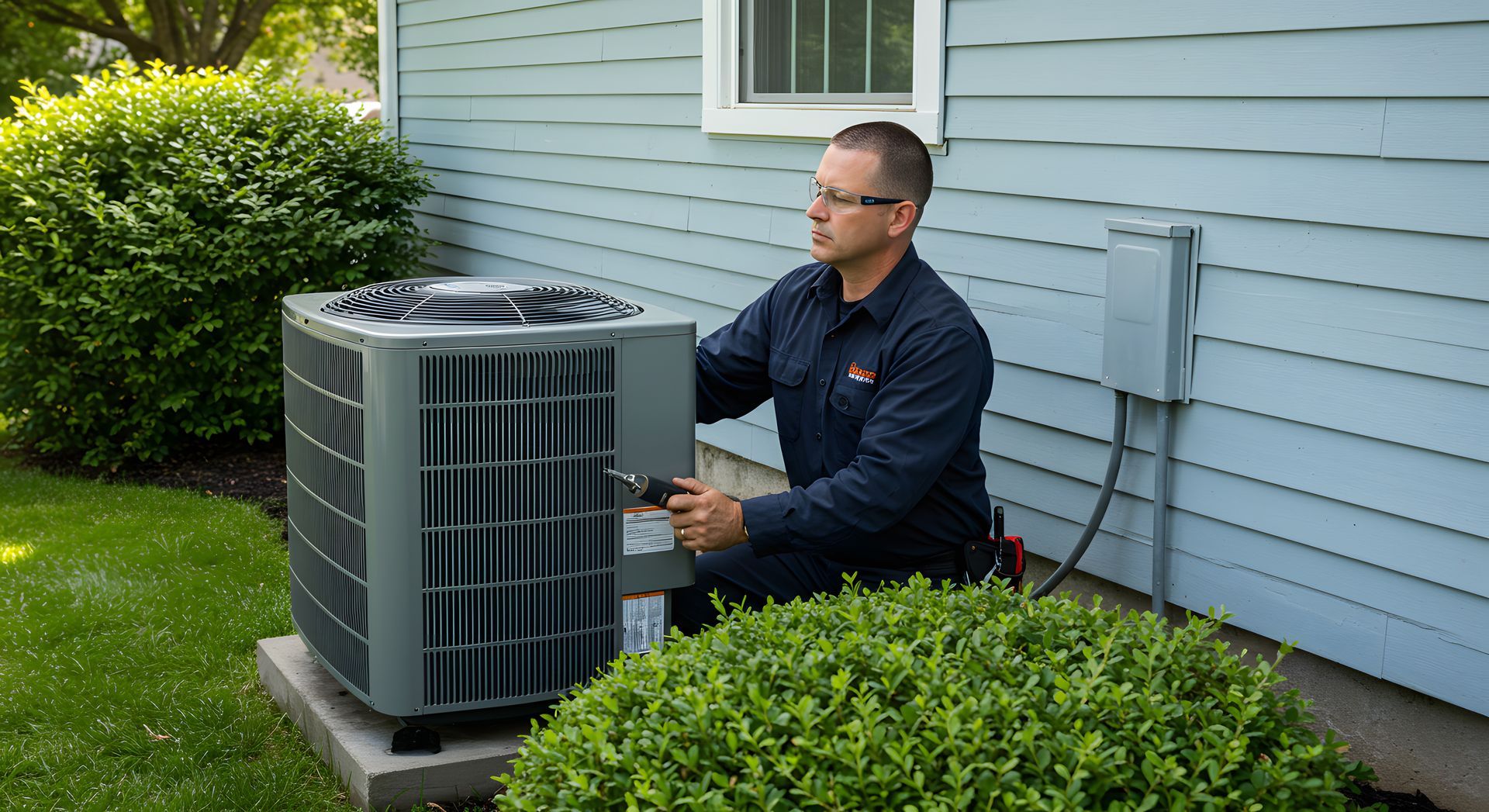Air conditioning contractor servicing an outdoor AC unit at a residential home.