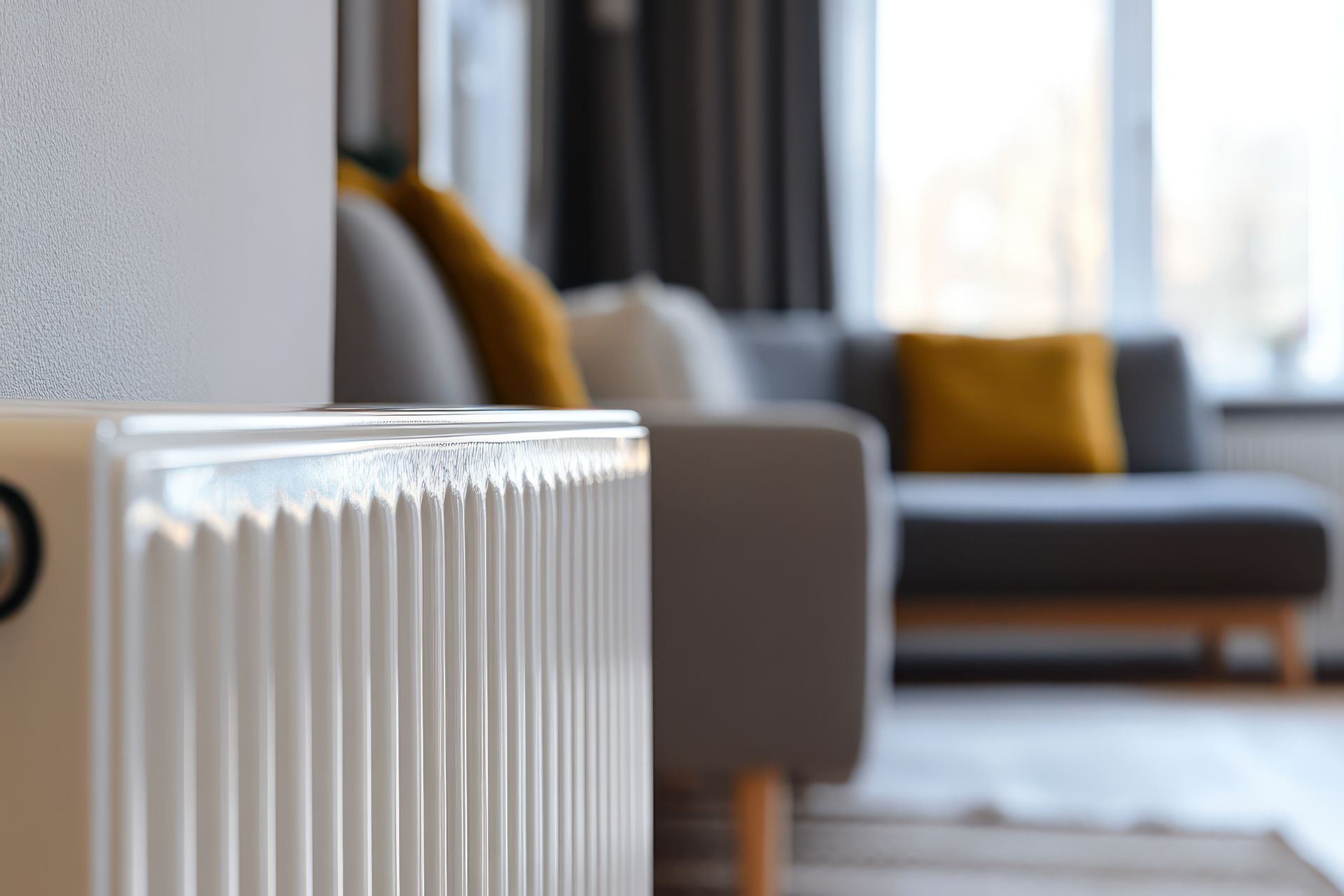 A white ribbed radiator in the foreground, with a blurred living room featuring a gray sofa and yellow pillows behind it.