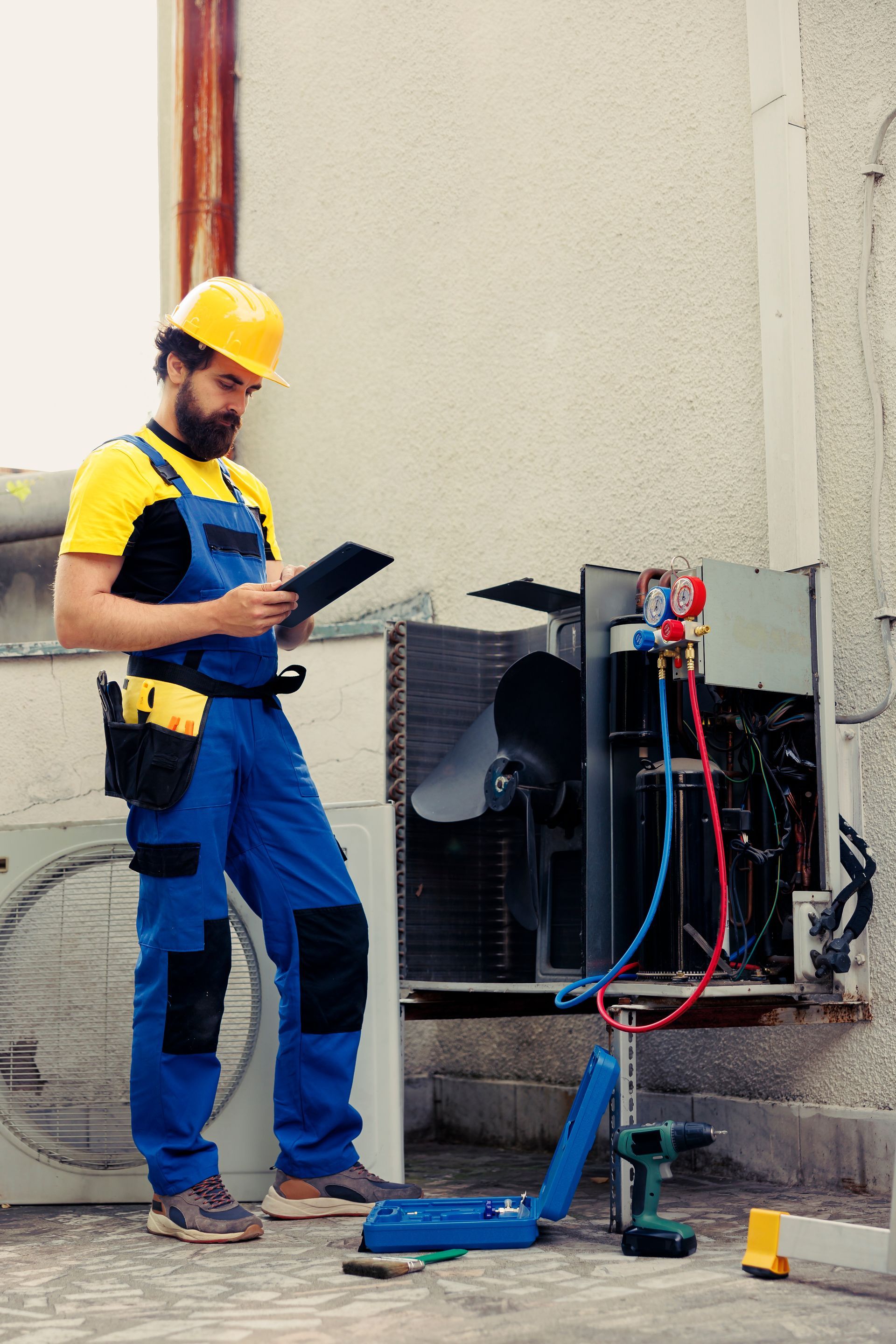 Experienced technician commissioned for outdoor air conditioner routine maintenance.