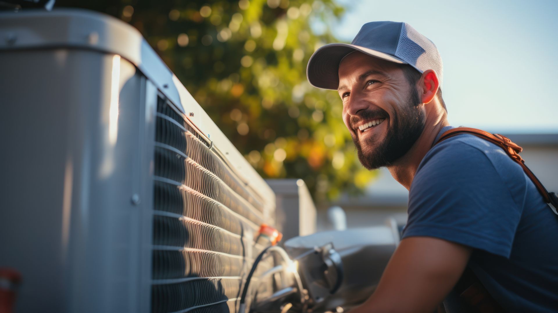 Technician inspecting an outdoor HVAC unit in bright sunlight.