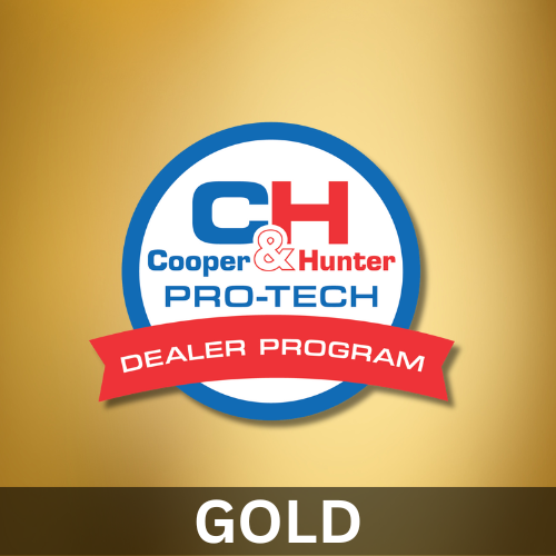 Cooper & Hunter Pro-Tech Dealer Program logo. Blue and red circle with text on a gold background, 