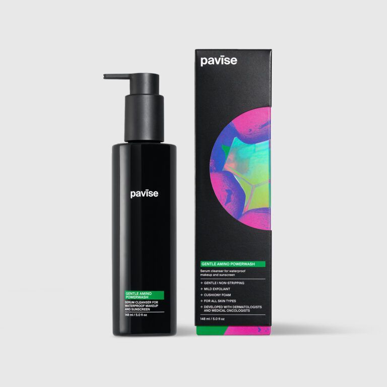 A bottle of pavise skincare next to its box