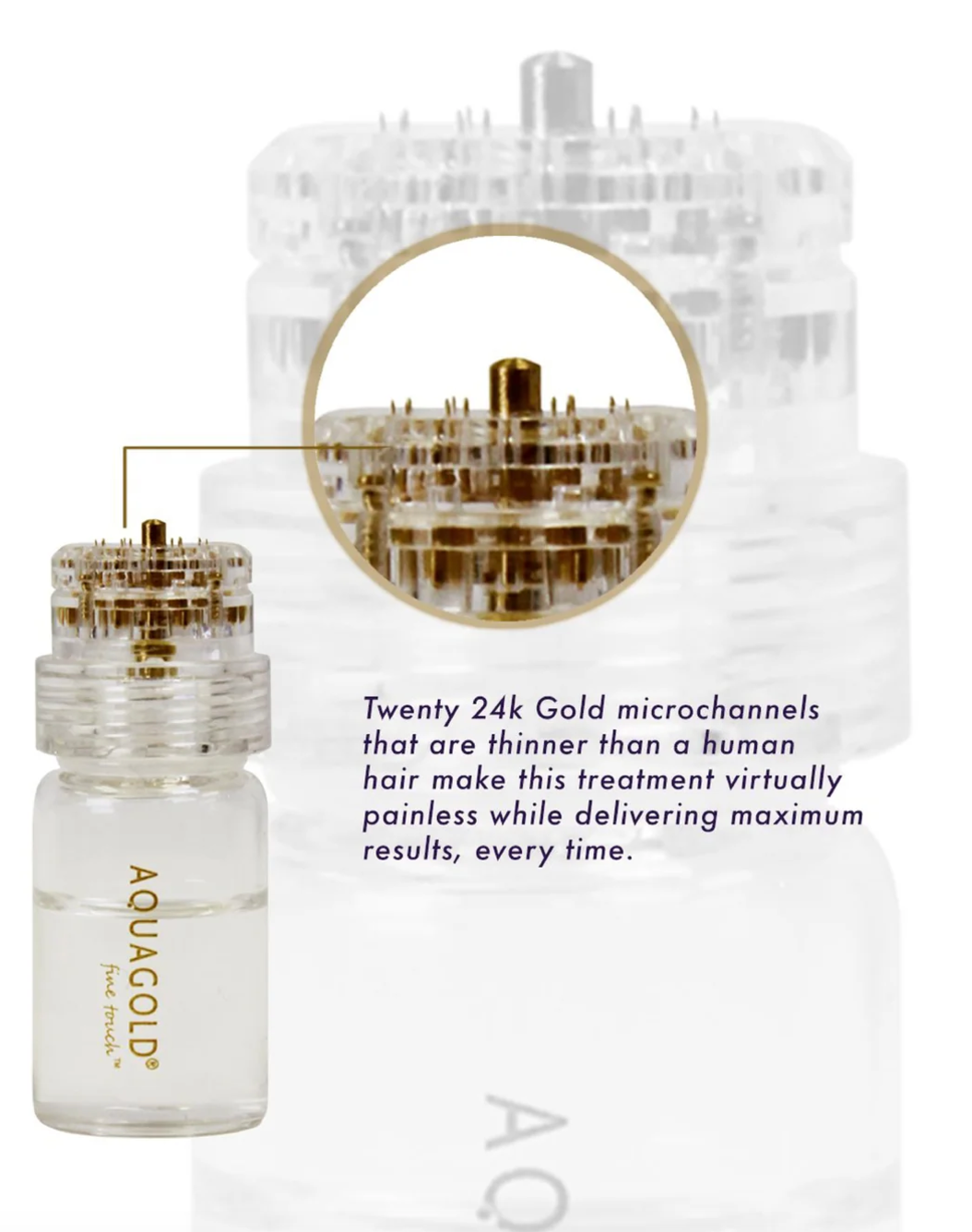 A bottle of aquagold hair treatment with gold microchannels